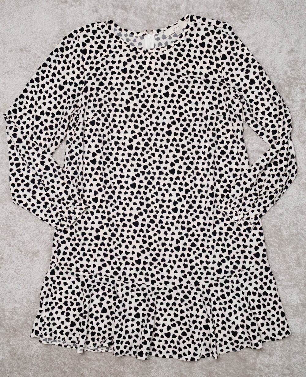 Loft Black White Heart Print Long Sleeve Flounce Dress Womens Size M